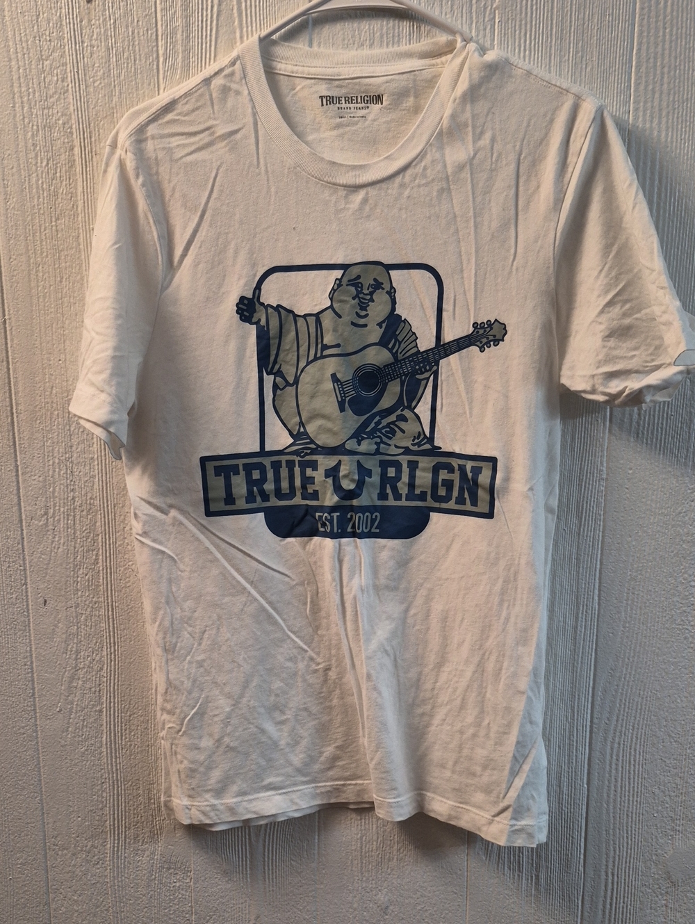 True Religion White T-Shirt with Navy Graphic Buddha and Guitar